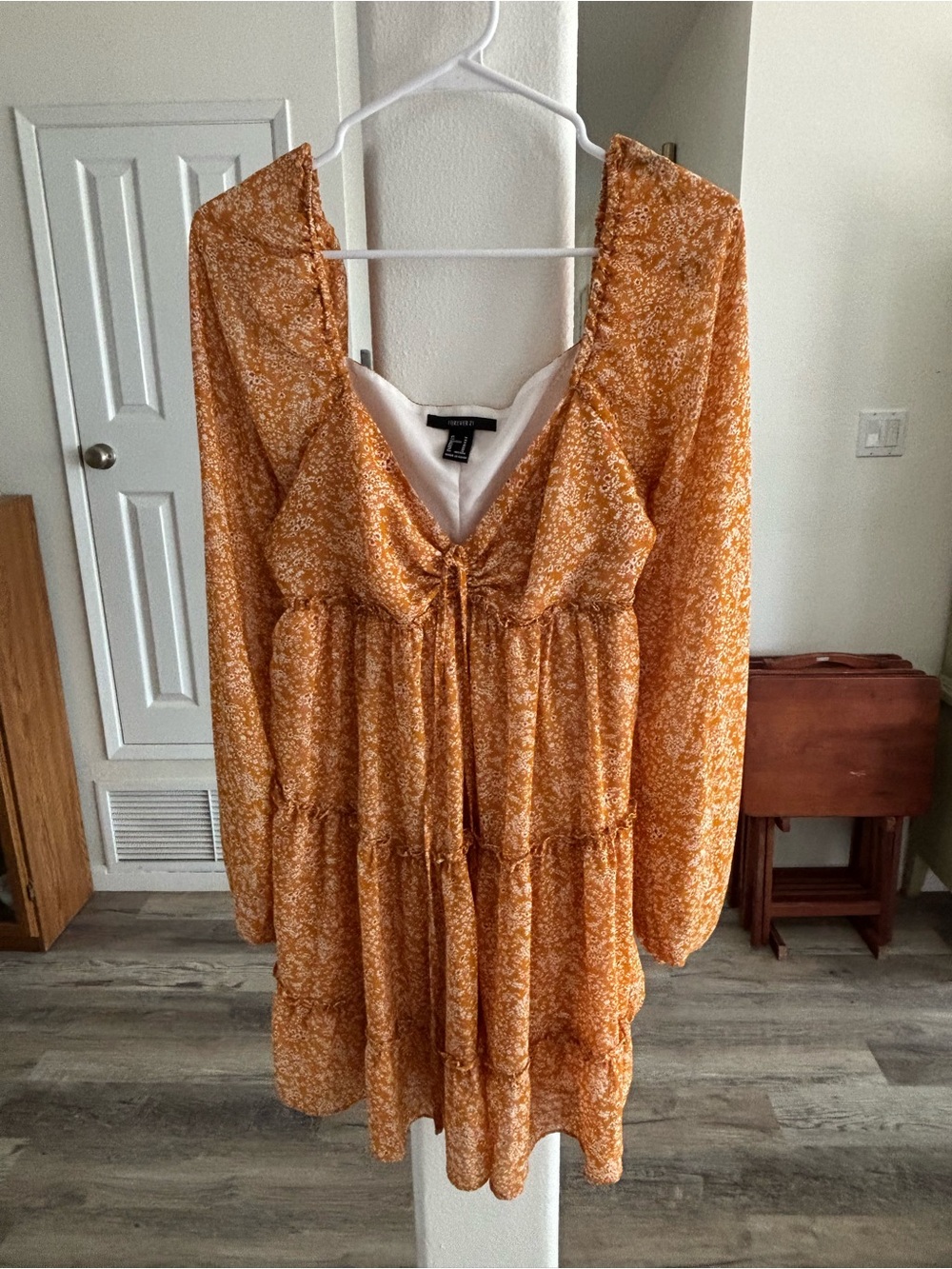 Forever 21 Mustard Floral Long Sleeve Tie-Front Mini Dress